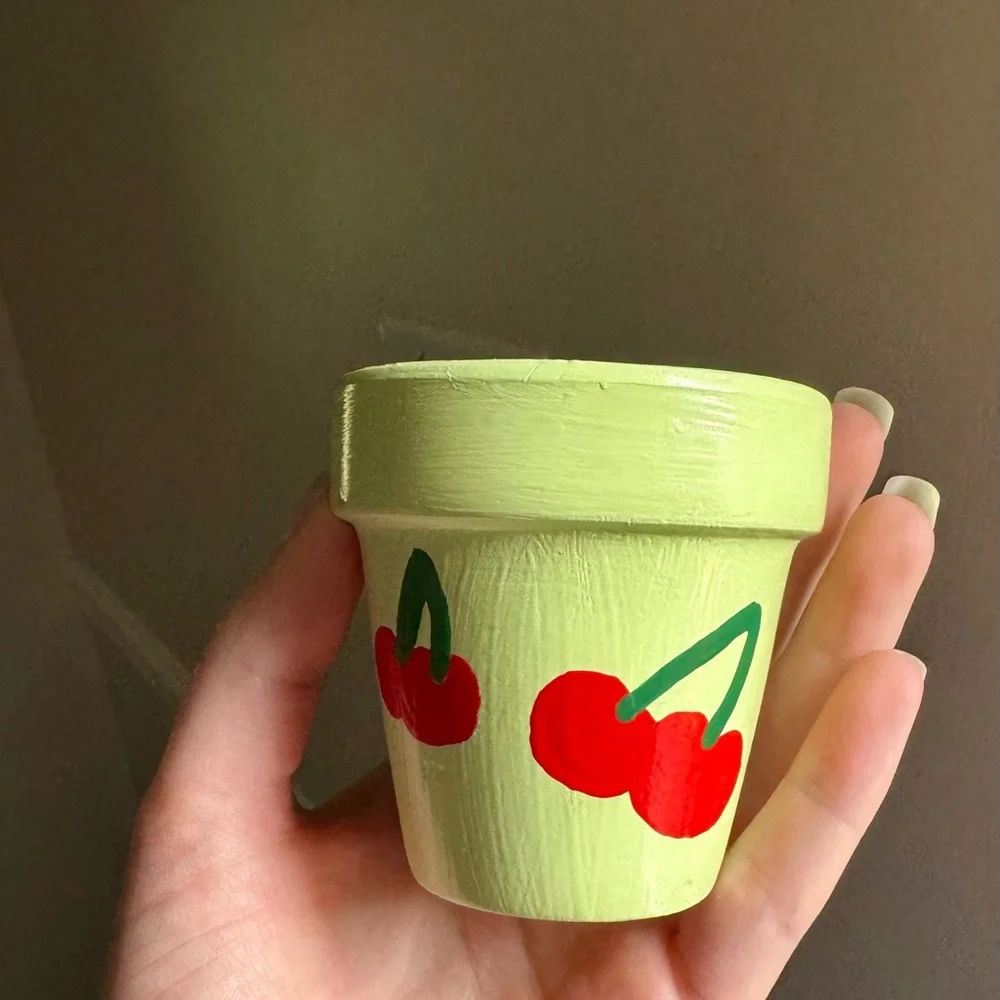 Hand-Painted 2” Cherry Design Terracotta Pot